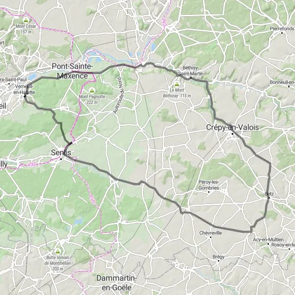 Map miniature of "Verneuil-en-Halatte to Borest Loop" cycling inspiration in Picardie, France. Generated by Tarmacs.app cycling route planner