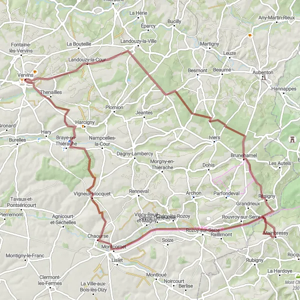 Miniature de la carte de l'inspiration cycliste "Randonnée Gravel autour de Vervins" dans la Picardie, France. Générée par le planificateur d'itinéraire cycliste Tarmacs.app