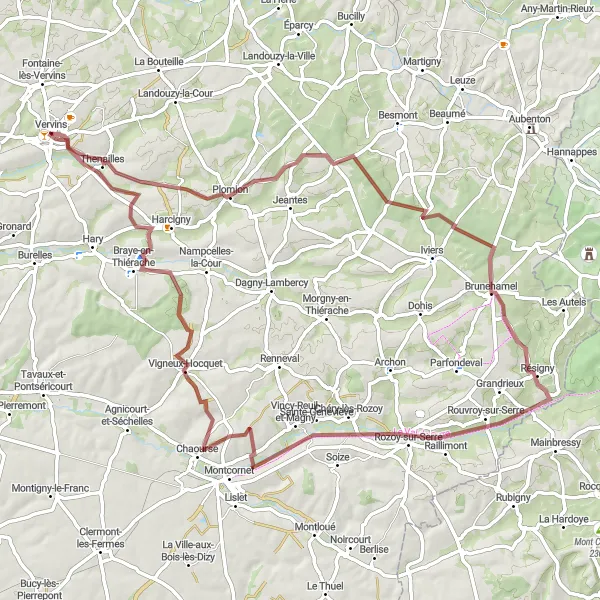 Map miniature of "Vervins to Vigneux-Hocquet Gravel Ride" cycling inspiration in Picardie, France. Generated by Tarmacs.app cycling route planner