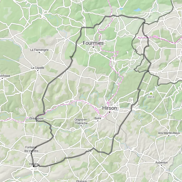 Map miniature of "Vervins to Landouzy-la-Cour" cycling inspiration in Picardie, France. Generated by Tarmacs.app cycling route planner
