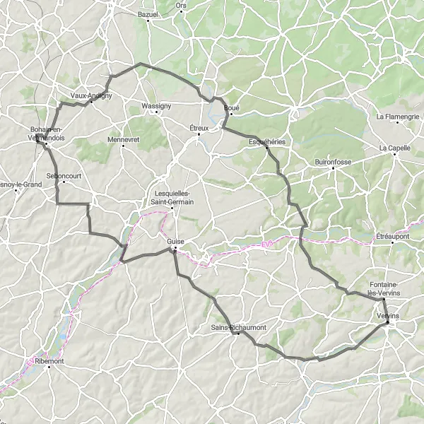 Miniature de la carte de l'inspiration cycliste "Aventure dans la Thiérache" dans la Picardie, France. Générée par le planificateur d'itinéraire cycliste Tarmacs.app