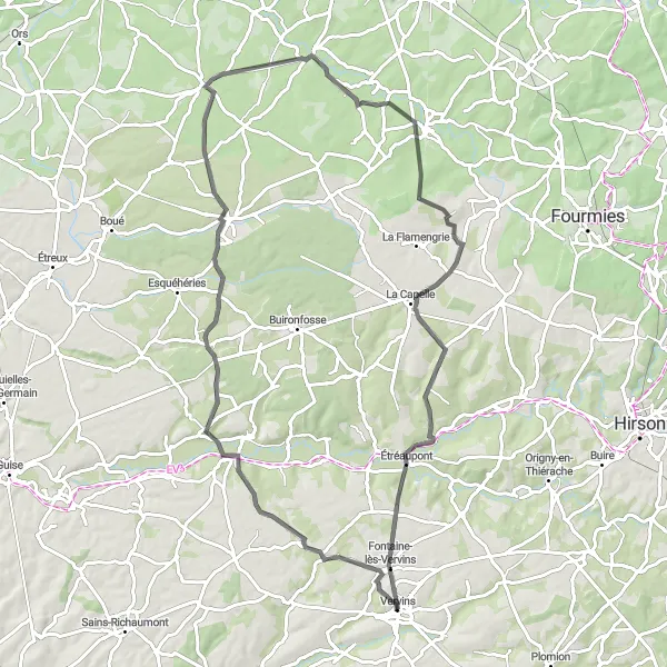 Map miniature of "Vervins to Chaussée de Fontaine" cycling inspiration in Picardie, France. Generated by Tarmacs.app cycling route planner