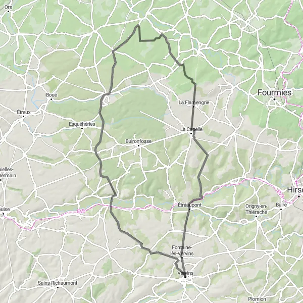 Miniature de la carte de l'inspiration cycliste "Parcours à travers la Thiérache" dans la Picardie, France. Générée par le planificateur d'itinéraire cycliste Tarmacs.app