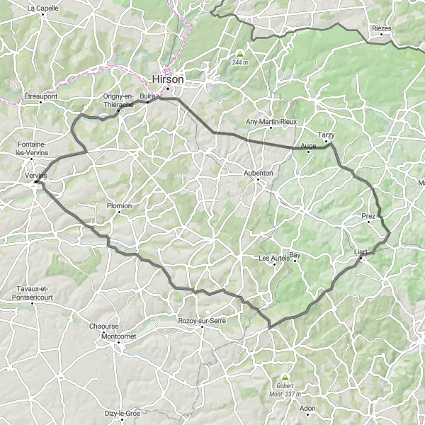Map miniature of "Vervins to Buire" cycling inspiration in Picardie, France. Generated by Tarmacs.app cycling route planner