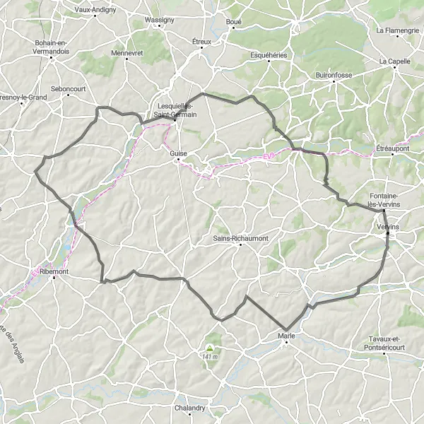 Miniature de la carte de l'inspiration cycliste "Évasion en Thiérache" dans la Picardie, France. Générée par le planificateur d'itinéraire cycliste Tarmacs.app