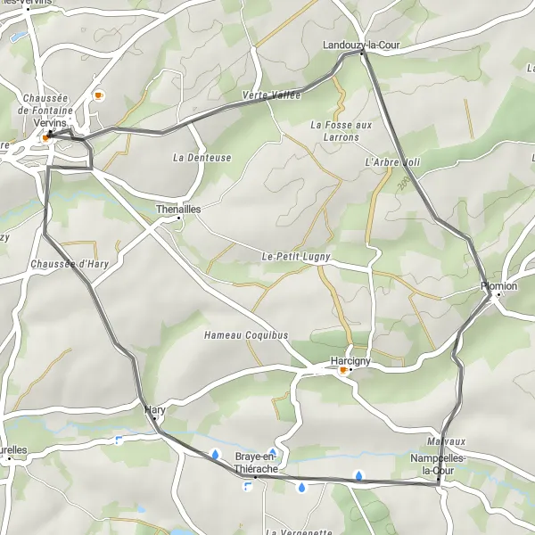 Miniature de la carte de l'inspiration cycliste "Balade autour de Vervins" dans la Picardie, France. Générée par le planificateur d'itinéraire cycliste Tarmacs.app