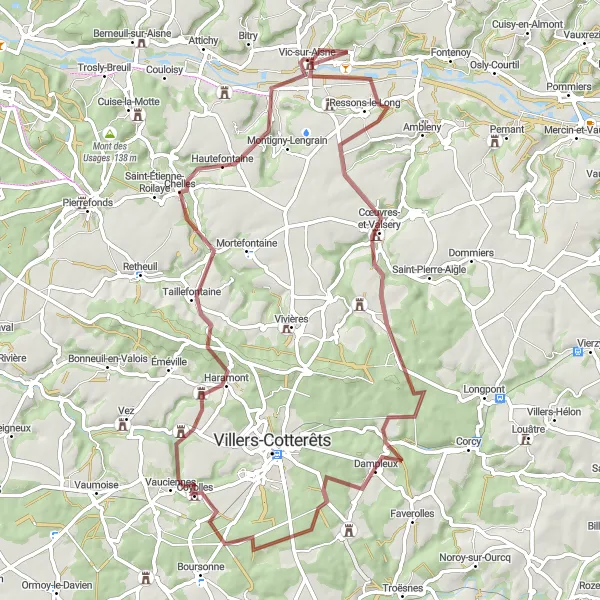 Miniature de la carte de l'inspiration cycliste "Les collines de Chelles" dans la Picardie, France. Générée par le planificateur d'itinéraire cycliste Tarmacs.app
