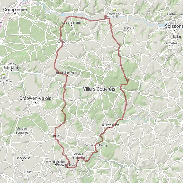 Miniature de la carte de l'inspiration cycliste "Parcours épique vers Jaulzy" dans la Picardie, France. Générée par le planificateur d'itinéraire cycliste Tarmacs.app