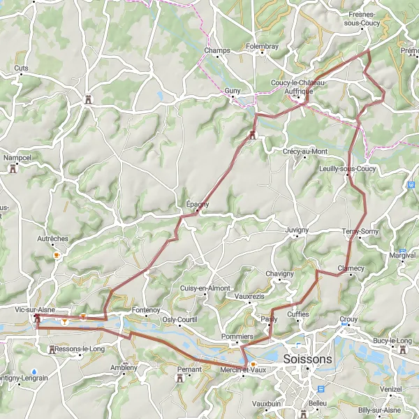 Miniature de la carte de l'inspiration cycliste "Les Châteaux de l'Aisne" dans la Picardie, France. Générée par le planificateur d'itinéraire cycliste Tarmacs.app