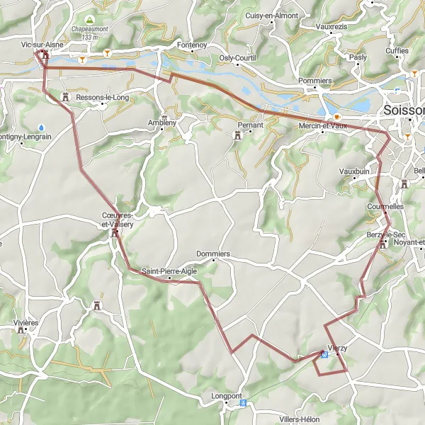 Miniature de la carte de l'inspiration cycliste "Boucle à vélo gravel autour de Vic-sur-Aisne" dans la Picardie, France. Générée par le planificateur d'itinéraire cycliste Tarmacs.app