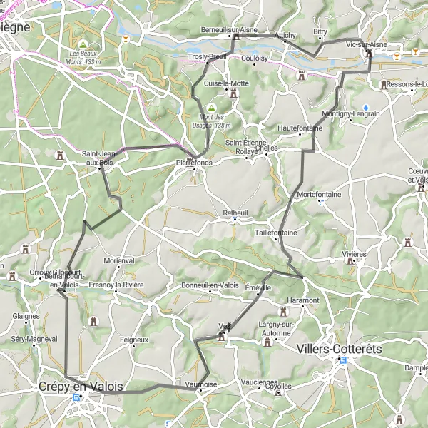 Miniature de la carte de l'inspiration cycliste "Les Monts et Châteaux de l'Oise" dans la Picardie, France. Générée par le planificateur d'itinéraire cycliste Tarmacs.app