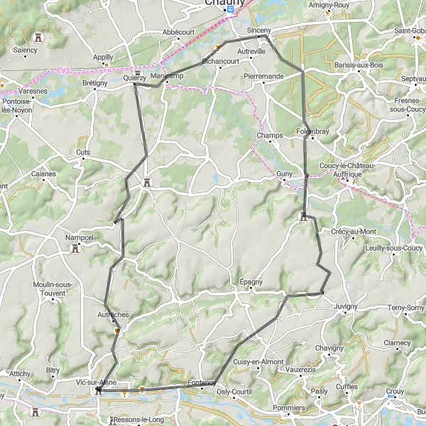 Map miniature of "Aisne Valley Exploration" cycling inspiration in Picardie, France. Generated by Tarmacs.app cycling route planner