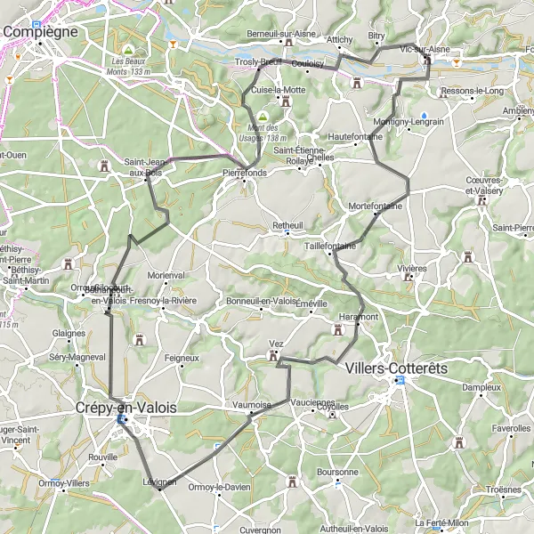 Map miniature of "Rolling Hills and Historic Towns" cycling inspiration in Picardie, France. Generated by Tarmacs.app cycling route planner