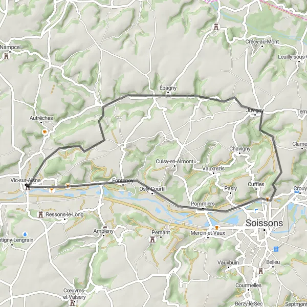 Miniature de la carte de l'inspiration cycliste "Les Chemins de Campagne en Picardie" dans la Picardie, France. Générée par le planificateur d'itinéraire cycliste Tarmacs.app