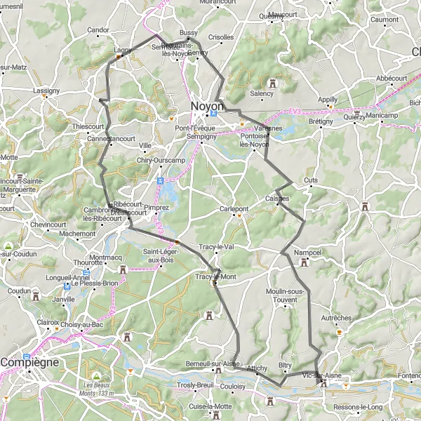 Map miniature of "Exploring Valois" cycling inspiration in Picardie, France. Generated by Tarmacs.app cycling route planner