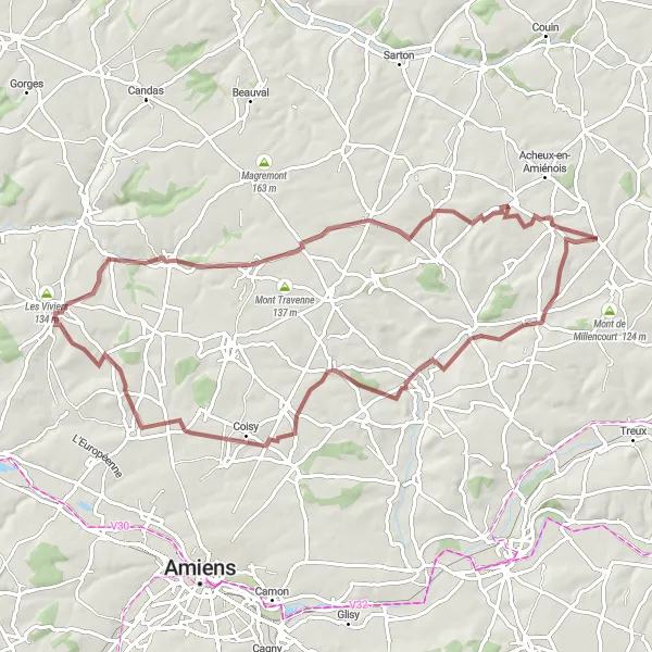 Map miniature of "Vignacourt Gravel Loop" cycling inspiration in Picardie, France. Generated by Tarmacs.app cycling route planner