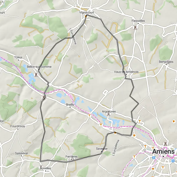 Map miniature of "Short Road Adventure from Vignacourt" cycling inspiration in Picardie, France. Generated by Tarmacs.app cycling route planner