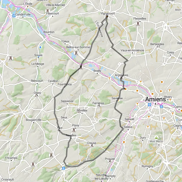 Map miniature of "The Hills of Picardie" cycling inspiration in Picardie, France. Generated by Tarmacs.app cycling route planner