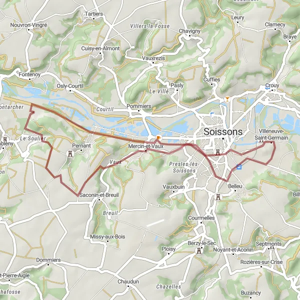 Map miniature of "Gravel Route to Abbaye Saint-Jean-des-Vignes" cycling inspiration in Picardie, France. Generated by Tarmacs.app cycling route planner