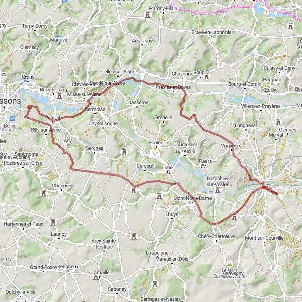 Map miniature of "Gravel Adventure to Mont-Notre-Dame" cycling inspiration in Picardie, France. Generated by Tarmacs.app cycling route planner