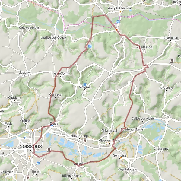 Miniature de la carte de l'inspiration cycliste "Châteaux et Vallées" dans la Picardie, France. Générée par le planificateur d'itinéraire cycliste Tarmacs.app