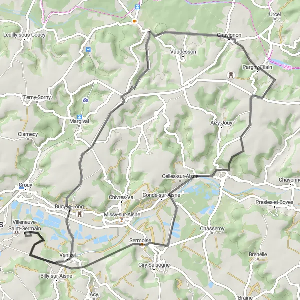 Map miniature of "Villeneuve to Billy-sur-Aisne Loop" cycling inspiration in Picardie, France. Generated by Tarmacs.app cycling route planner