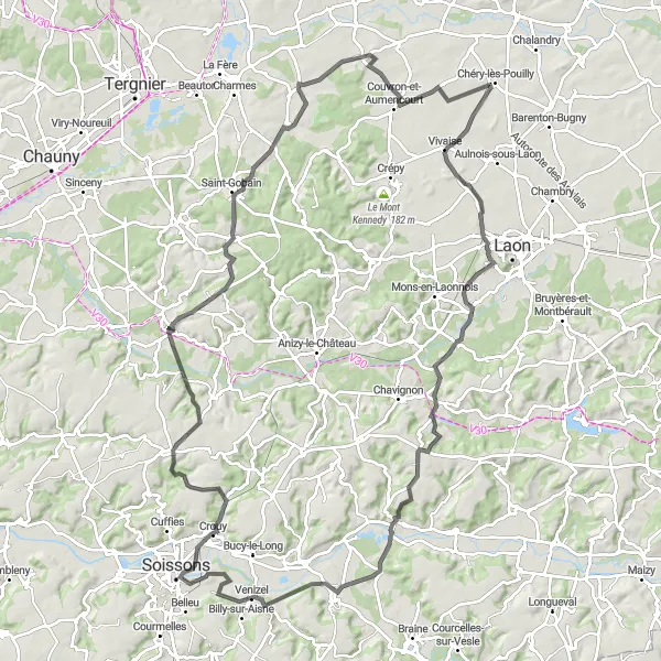 Miniature de la carte de l'inspiration cycliste "Les Boucles de l'Ailette" dans la Picardie, France. Générée par le planificateur d'itinéraire cycliste Tarmacs.app