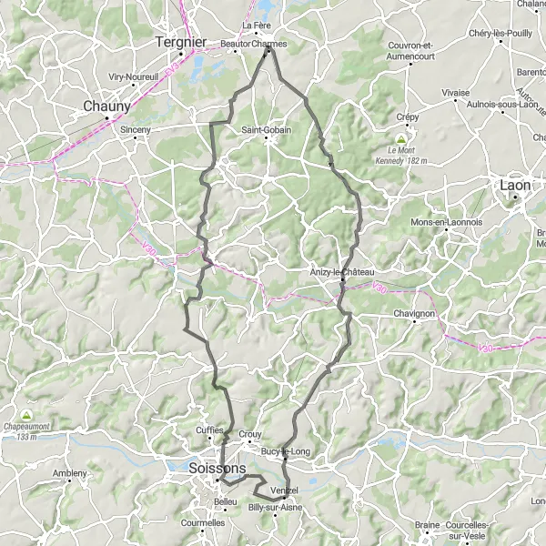 Map miniature of "Villeneuve to Bucy-le-Long Loop" cycling inspiration in Picardie, France. Generated by Tarmacs.app cycling route planner