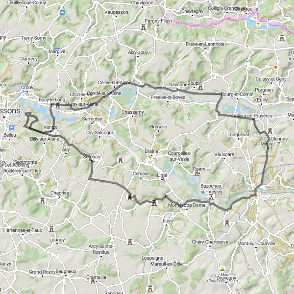 Miniature de la carte de l'inspiration cycliste "Parcours entre villages médiévaux" dans la Picardie, France. Générée par le planificateur d'itinéraire cycliste Tarmacs.app