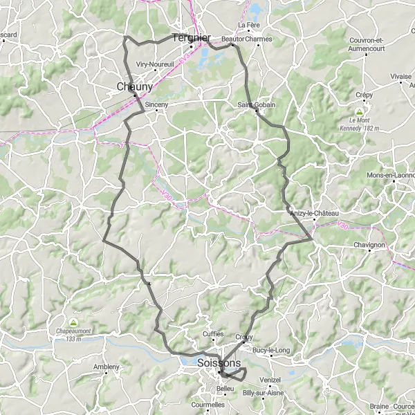 Map miniature of "Villeneuve to Crouy Loop" cycling inspiration in Picardie, France. Generated by Tarmacs.app cycling route planner