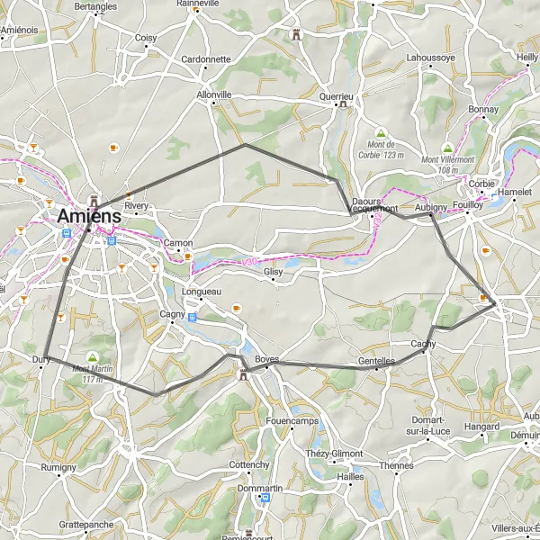 Map miniature of "The Battle of Villers-Bretonneux Loop" cycling inspiration in Picardie, France. Generated by Tarmacs.app cycling route planner