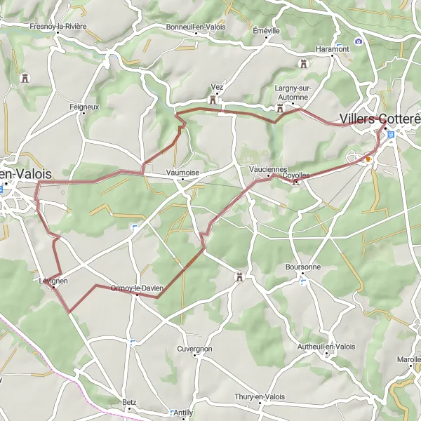 Miniature de la carte de l'inspiration cycliste "Découverte des chemins de gravel d'Ormoy-le-Davien" dans la Picardie, France. Générée par le planificateur d'itinéraire cycliste Tarmacs.app
