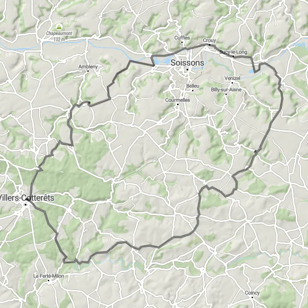 Miniature de la carte de l'inspiration cycliste "Les trésors cachés de l'Oise" dans la Picardie, France. Générée par le planificateur d'itinéraire cycliste Tarmacs.app