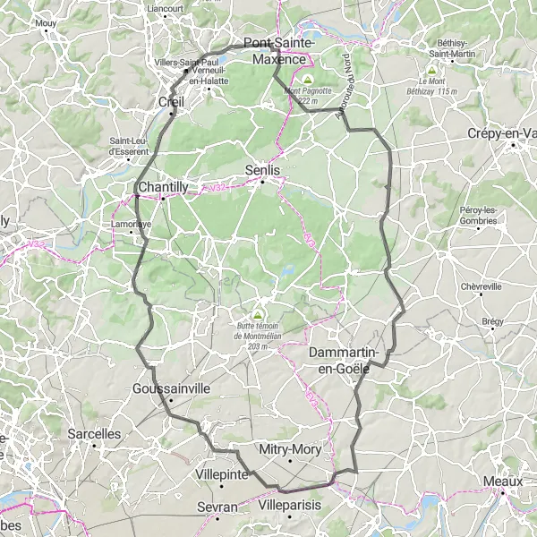 Map miniature of "Road Route from Villers-Saint-Paul to Creil" cycling inspiration in Picardie, France. Generated by Tarmacs.app cycling route planner