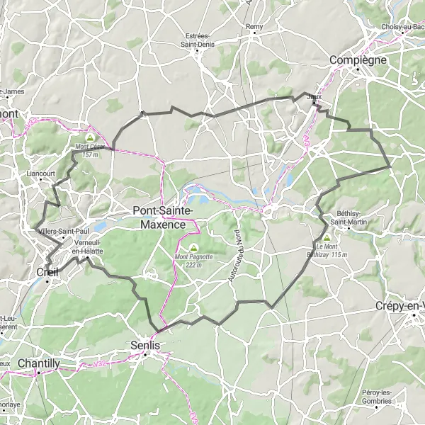 Map miniature of "Road Route from Villers-Saint-Paul to Creil" cycling inspiration in Picardie, France. Generated by Tarmacs.app cycling route planner