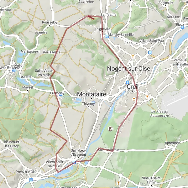 Miniature de la carte de l'inspiration cycliste "Promenade autour de Villers-sous-Saint-Leu" dans la Picardie, France. Générée par le planificateur d'itinéraire cycliste Tarmacs.app