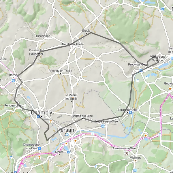 Map miniature of "Bernes-sur-Oise and Puiseux-le-Hauberger Loop" cycling inspiration in Picardie, France. Generated by Tarmacs.app cycling route planner