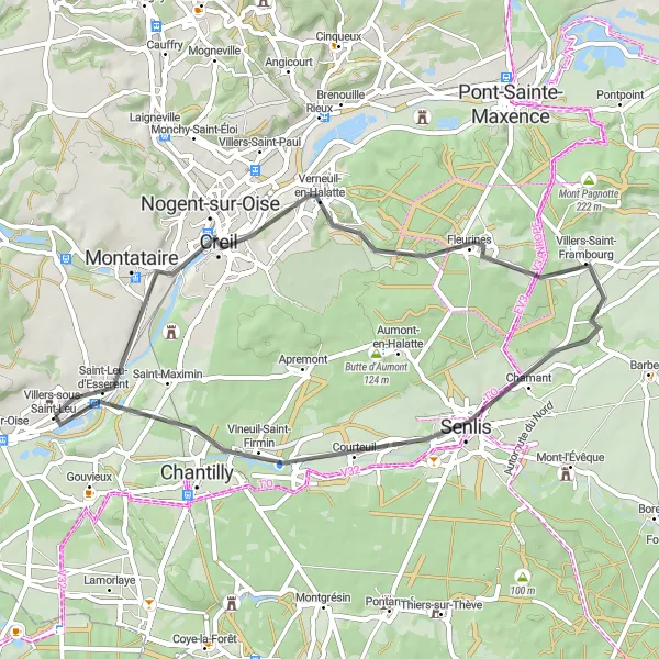Miniature de la carte de l'inspiration cycliste "Tour de Saint-Leu-d'Esserent et Senlis" dans la Picardie, France. Générée par le planificateur d'itinéraire cycliste Tarmacs.app