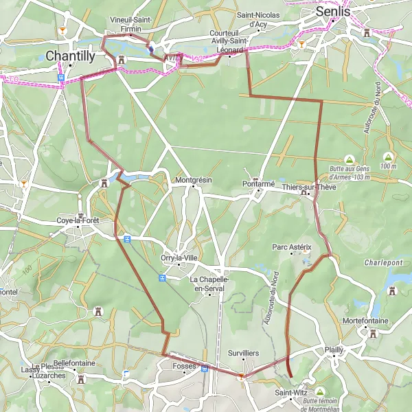 Miniature de la carte de l'inspiration cycliste "Circuit Gravel autour d'Avilly-Saint-Léonard" dans la Picardie, France. Générée par le planificateur d'itinéraire cycliste Tarmacs.app