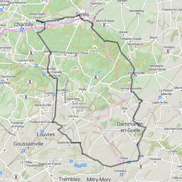 Miniature de la carte de l'inspiration cycliste "Tour en Vélo vers Château de Chantilly" dans la Picardie, France. Générée par le planificateur d'itinéraire cycliste Tarmacs.app