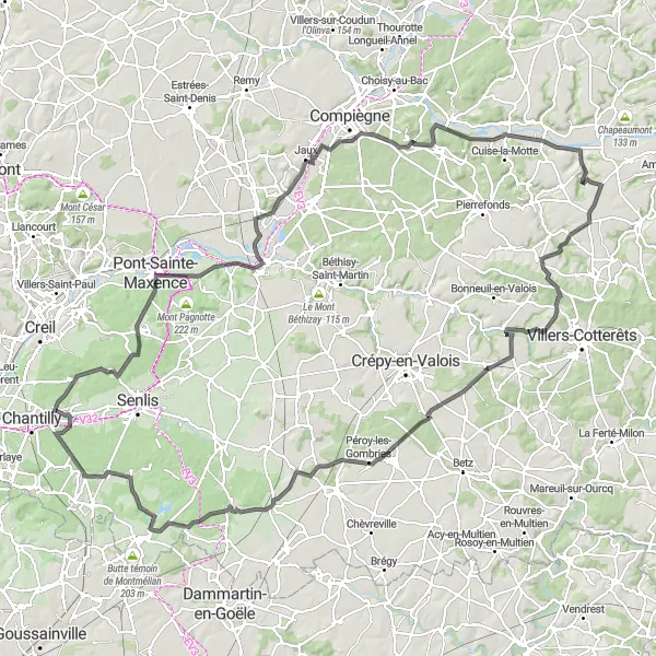 Miniature de la carte de l'inspiration cycliste "Le Tour des Châteaux de l'Oise" dans la Picardie, France. Générée par le planificateur d'itinéraire cycliste Tarmacs.app