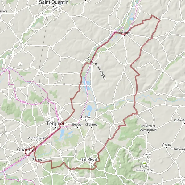 Miniature de la carte de l'inspiration cycliste "Parcours pittoresque de 95 km autour de Viry-Noureuil" dans la Picardie, France. Générée par le planificateur d'itinéraire cycliste Tarmacs.app