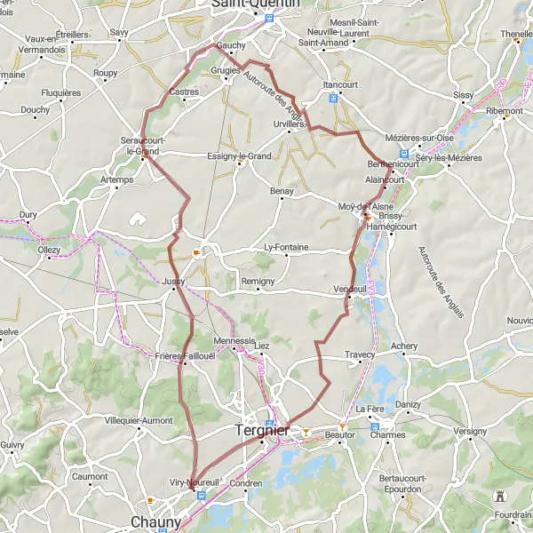 Miniature de la carte de l'inspiration cycliste "Tour des villages de l'Aisne" dans la Picardie, France. Générée par le planificateur d'itinéraire cycliste Tarmacs.app