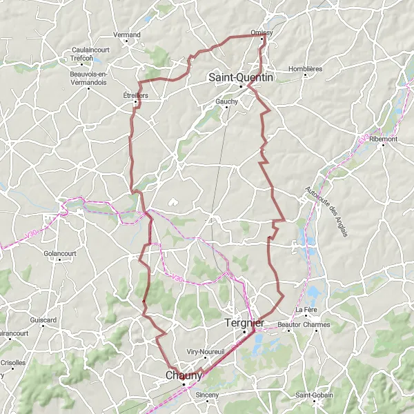 Map miniature of "Ancient Villages Gravel Loop" cycling inspiration in Picardie, France. Generated by Tarmacs.app cycling route planner