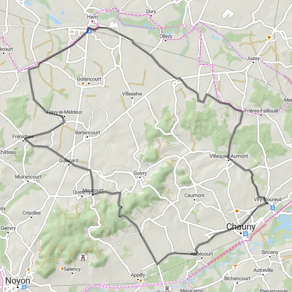 Map miniature of "Scenic Road Cycling from Viry-Noureuil to Villequier-Aumont" cycling inspiration in Picardie, France. Generated by Tarmacs.app cycling route planner