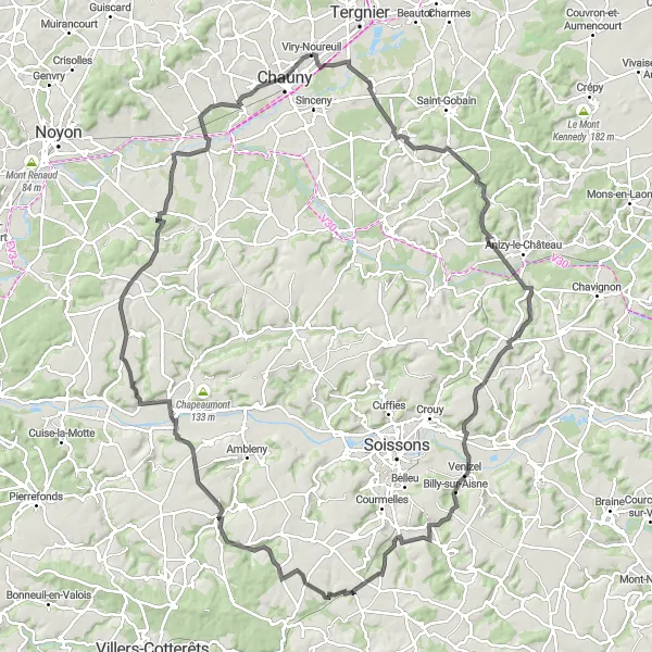 Map miniature of "Château de Coeuvres Loop" cycling inspiration in Picardie, France. Generated by Tarmacs.app cycling route planner