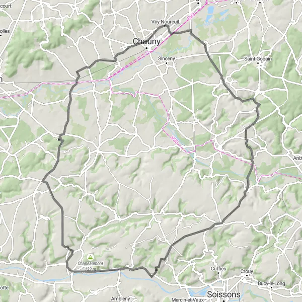 Map miniature of "Challenging Road Cycling Loop to Barisis-aux-Bois and Vic-sur-Aisne" cycling inspiration in Picardie, France. Generated by Tarmacs.app cycling route planner