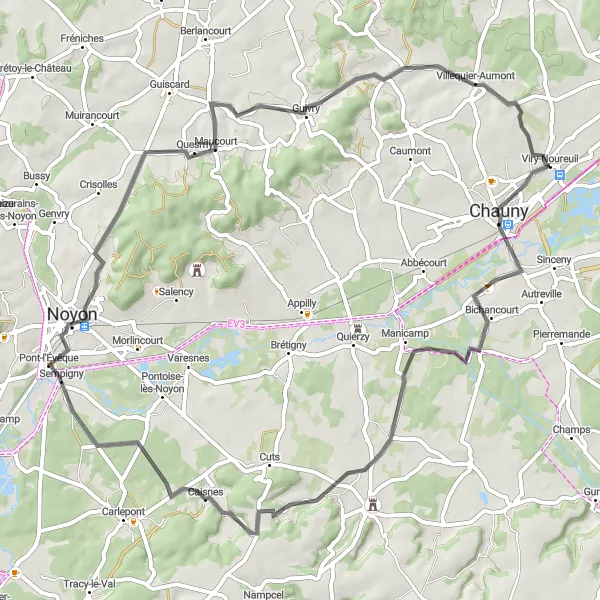 Map miniature of "Road Cycling Adventure through Chauny, Sempigny, and Quesmy" cycling inspiration in Picardie, France. Generated by Tarmacs.app cycling route planner