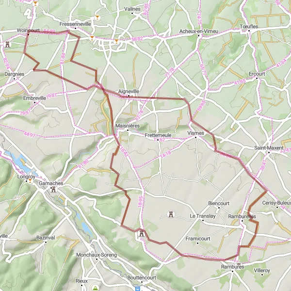 Miniature de la carte de l'inspiration cycliste "Boucle autour de Woincourt" dans la Picardie, France. Générée par le planificateur d'itinéraire cycliste Tarmacs.app