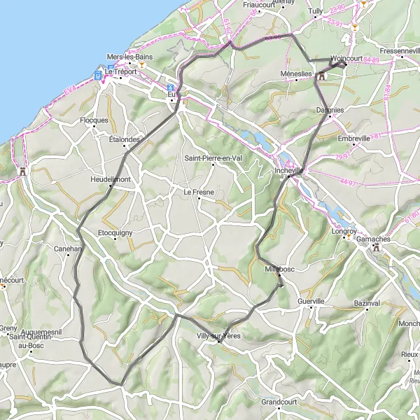 Map miniature of "The Valleys and Villages of Western Picardie" cycling inspiration in Picardie, France. Generated by Tarmacs.app cycling route planner